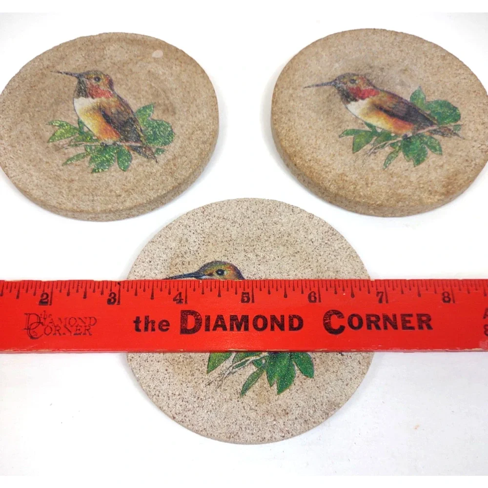 VTG ThirstyStone Hummingbird Coasters Set of 3 Sandstone Drink Bar Cork Back